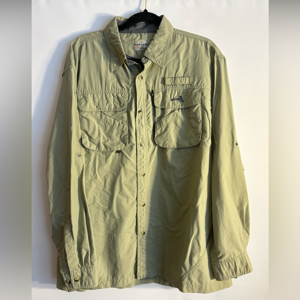NATURAL GEAR MENS OUTDOORS OLIVE KHAKI BACK FLAP ZIP POCKET MENS LS SHIRT SIZE L